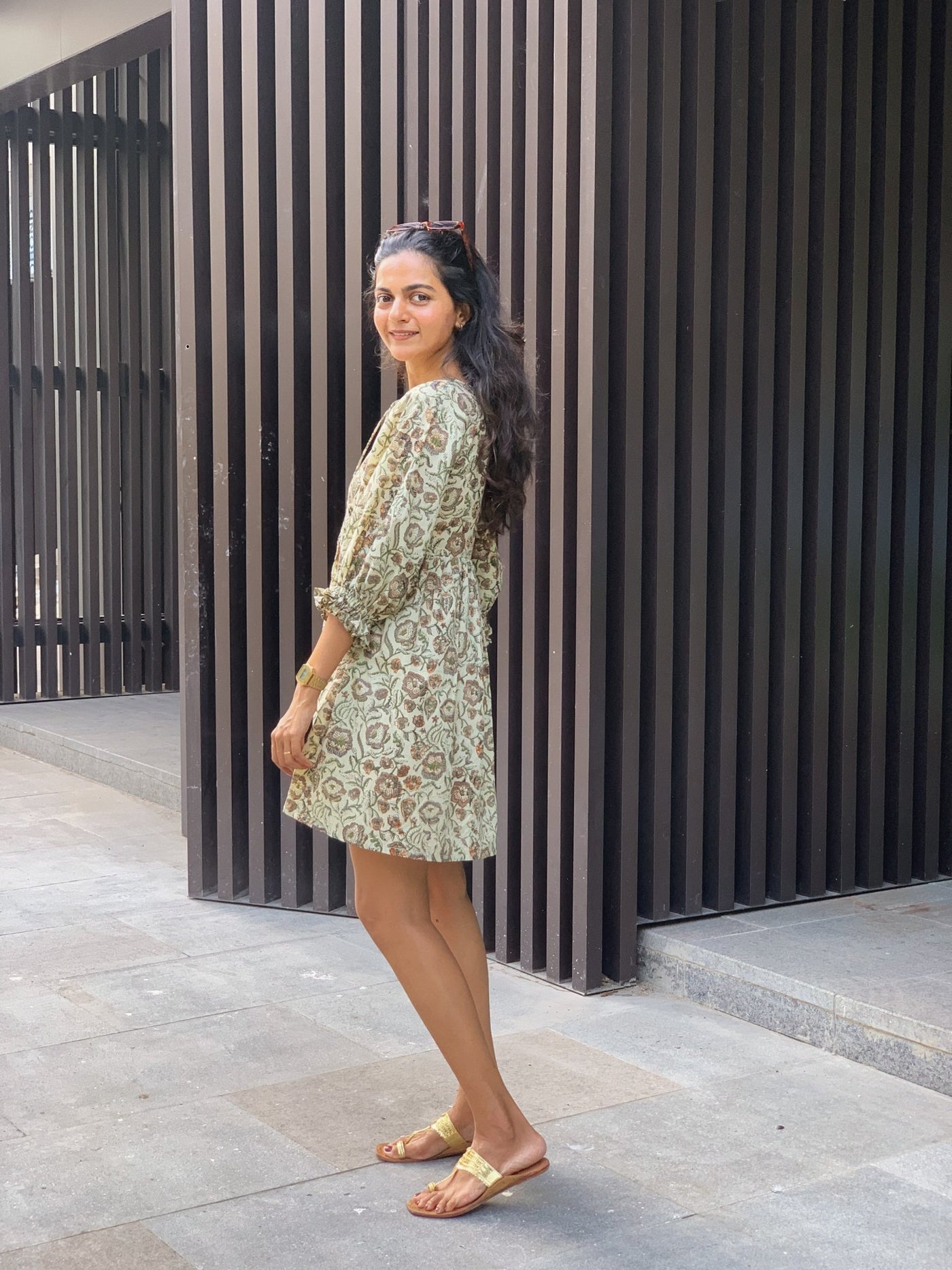 Floral Block Printed Cotton Gathered Short Dress 46" / Petite (5'1" and below)