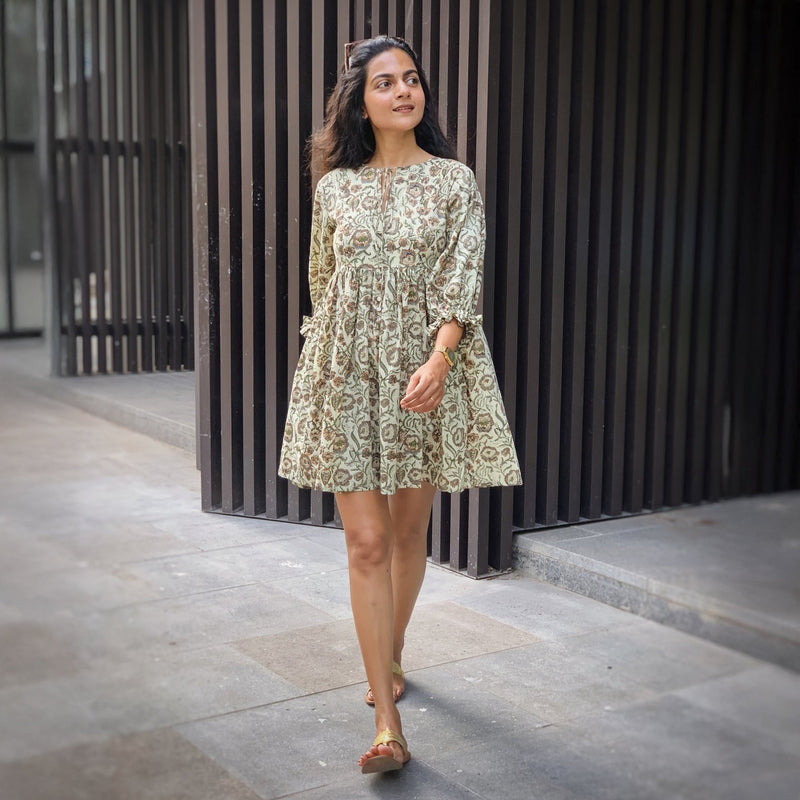 Floral Block Printed Cotton Gathered Short Dress 46 Floral Block Printed Cotton Gathered Short Dress 46