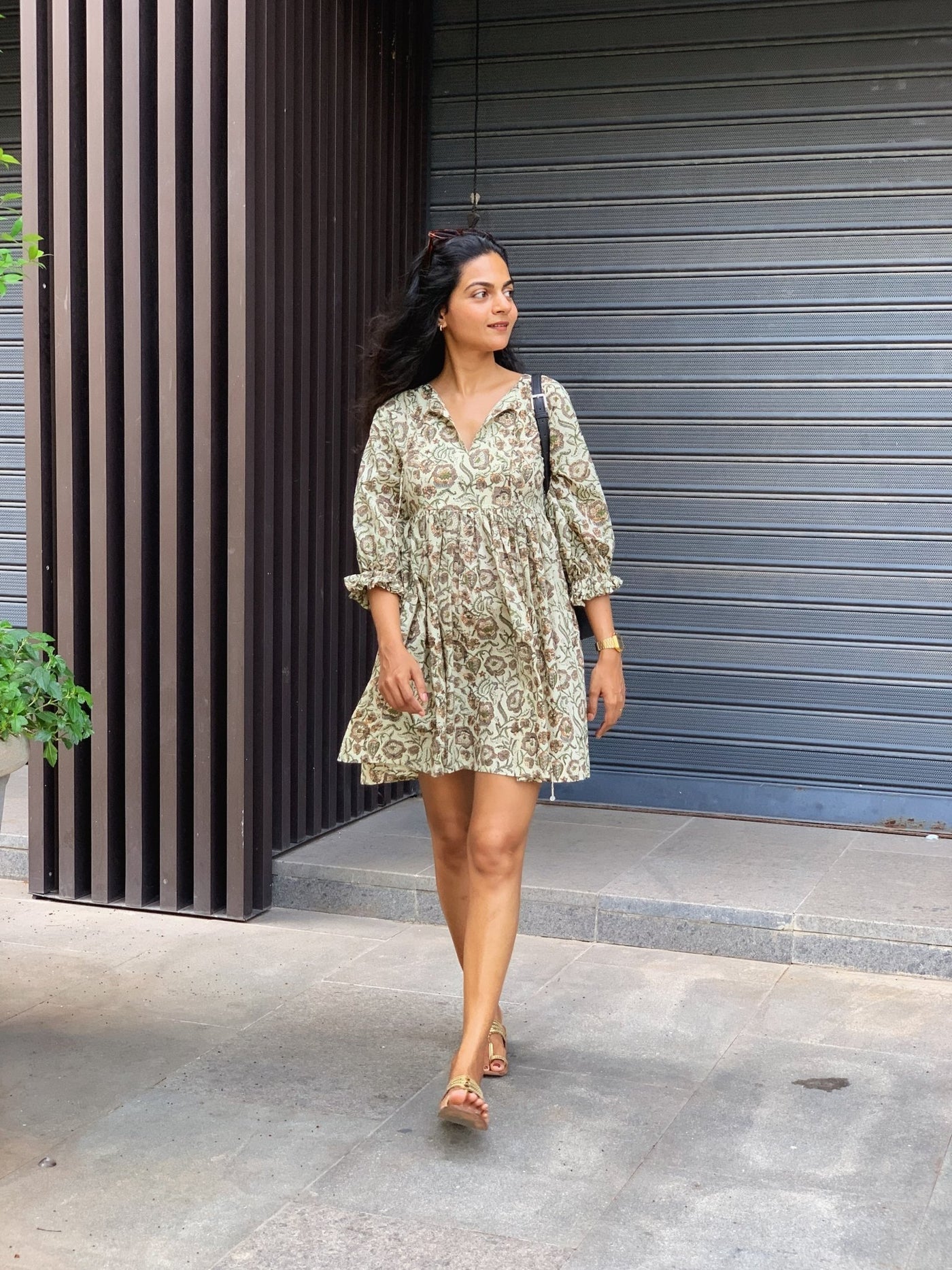 cotton dress Petite Studio's Calista in White High fashion Floral Block Printed Cotton Gathered