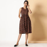 Front View of a Model wearing Floral Bagru Block Printed Gathered Dress