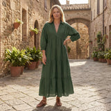 Forest Green 100% Cotton Deep-V Maxi Tier Dress