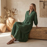 Forest Green 100% Cotton Deep-V Maxi Tier Dress