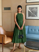 Forest Green 100% Cotton Halter Neck Tier Midi Dress
