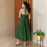 Forest Green 100% Cotton Halter Neck Tier Midi Dress