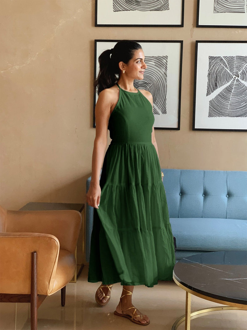 Forest Green 100% Cotton Halter Neck Tier Midi Dress 46