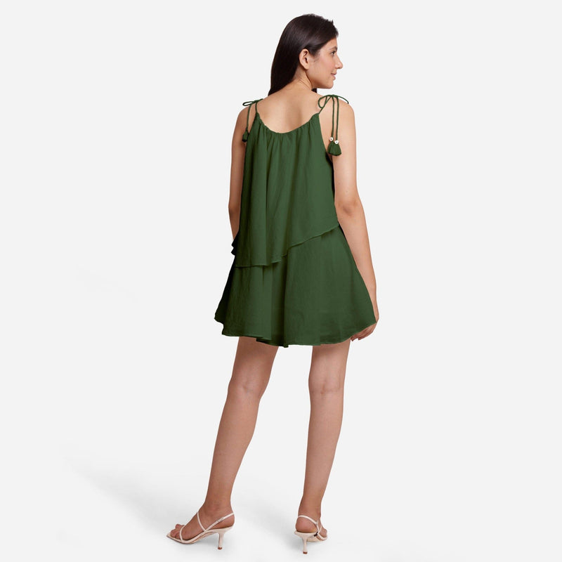 Forest Green 100% Cotton Tie-Up Shoulder Tier Mini Dress