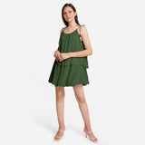 Forest Green 100% Cotton Tie-Up Shoulder Tier Mini Dress