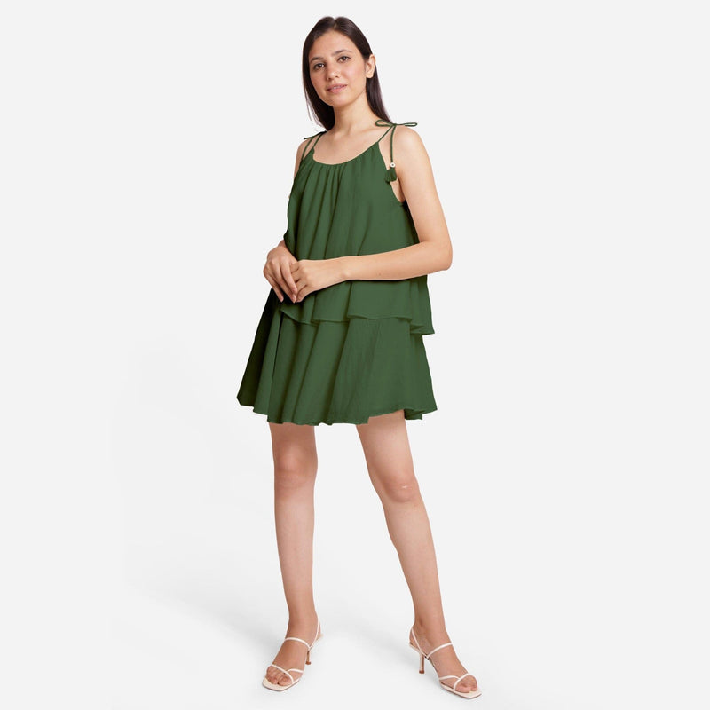 Forest Green 100% Cotton Tie-Up Shoulder Tier Mini Dress 32" / Petite (5'1" and below) Forest Green 100% Cotton Tie-Up Shoulder Tier Mini Dress 32" / Petite (5'1" and below)