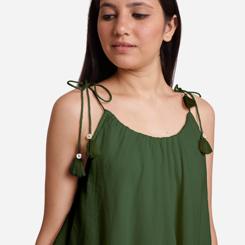 Forest Green 100% Cotton Tie-Up Shoulder Tier Mini Dress