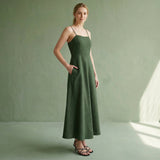 Forest Green Cotton Ankle Length Flared Sundress