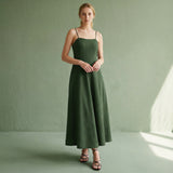 Forest Green Cotton Ankle Length Flared Sundress