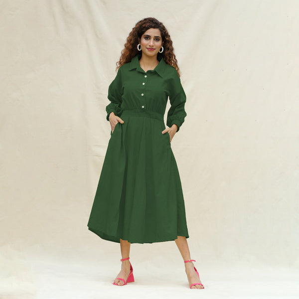 Forest Green Cotton Button-Down Yoked Maxi Dress