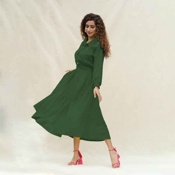 Forest Green Cotton Button-Down Yoked Maxi Dress