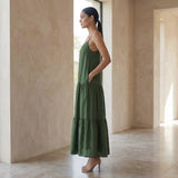 Forest Green Cotton Drop-Waist Camisole Maxi Tier Dress