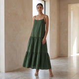 Forest Green Cotton Drop-Waist Camisole Maxi Tier Dress
