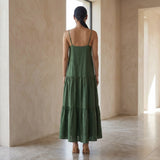 Forest Green Cotton Drop-Waist Camisole Maxi Tier Dress
