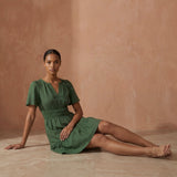 Forest Green Cotton Elasticated Short Tier Dress