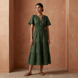 Forest Green Cotton Flutter Sleeve Tie-Back Tiered Midi Dress