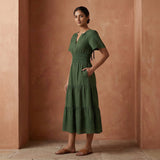 Forest Green Cotton Flutter Sleeve Tie-Back Tiered Midi Dress