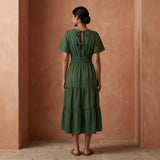 Forest Green Cotton Flutter Sleeve Tie-Back Tiered Midi Dress
