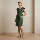 Forest Green Cotton Open-Back Fit and Flare Knee Length Dress