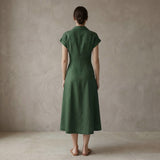 Forest Green Cotton Paneled A-Line Midi Dress