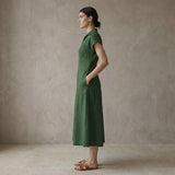 Forest Green Cotton Paneled A-Line Midi Dress