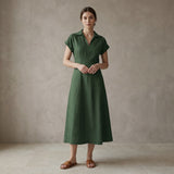 Forest Green Cotton Paneled A-Line Midi Dress