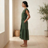 Forest Green Cotton Ruffle Midi Wrap Dress