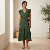 Forest Green Cotton Ruffle Midi Wrap Dress