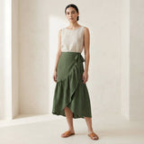 Forest Green Cotton Ruffle Midi Wrap Skirt
