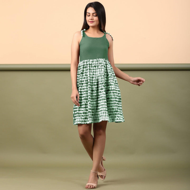 Front View of a Model wearing Dark Green Shibori Gathered Short Dress