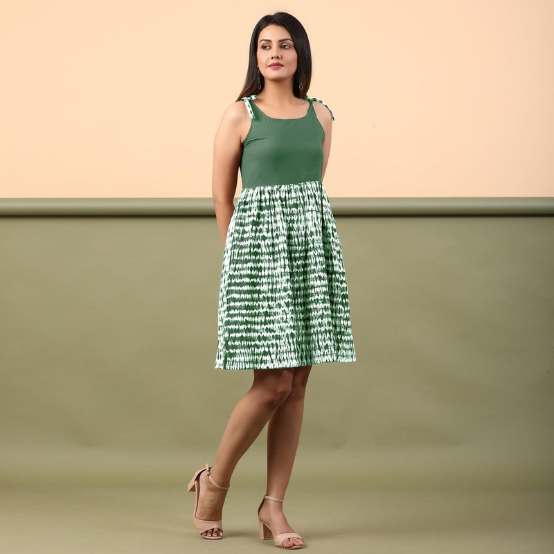 Front View of a Model wearing Dark Green Shibori Gathered Short Dress