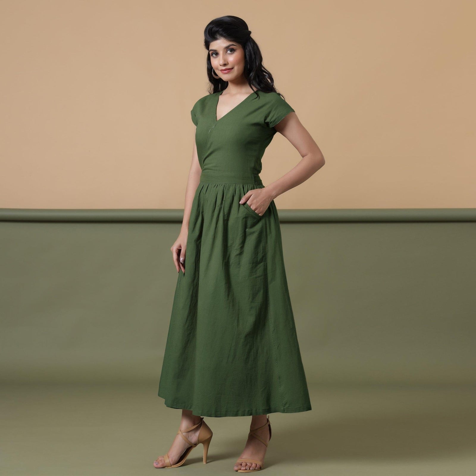 Forest Green Cotton V-Neck Maxi Wrap Dress 42" / Petite (5'1" and below) Forest Green Cotton V-Neck Maxi Wrap Dress 42" / Petite (5'1" and below)