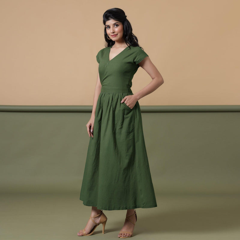 Forest Green Cotton V-Neck Maxi Wrap Dress 48" / Custom Height (Free) Forest Green Cotton V-Neck Maxi Wrap Dress 48" / Custom Height (Free)