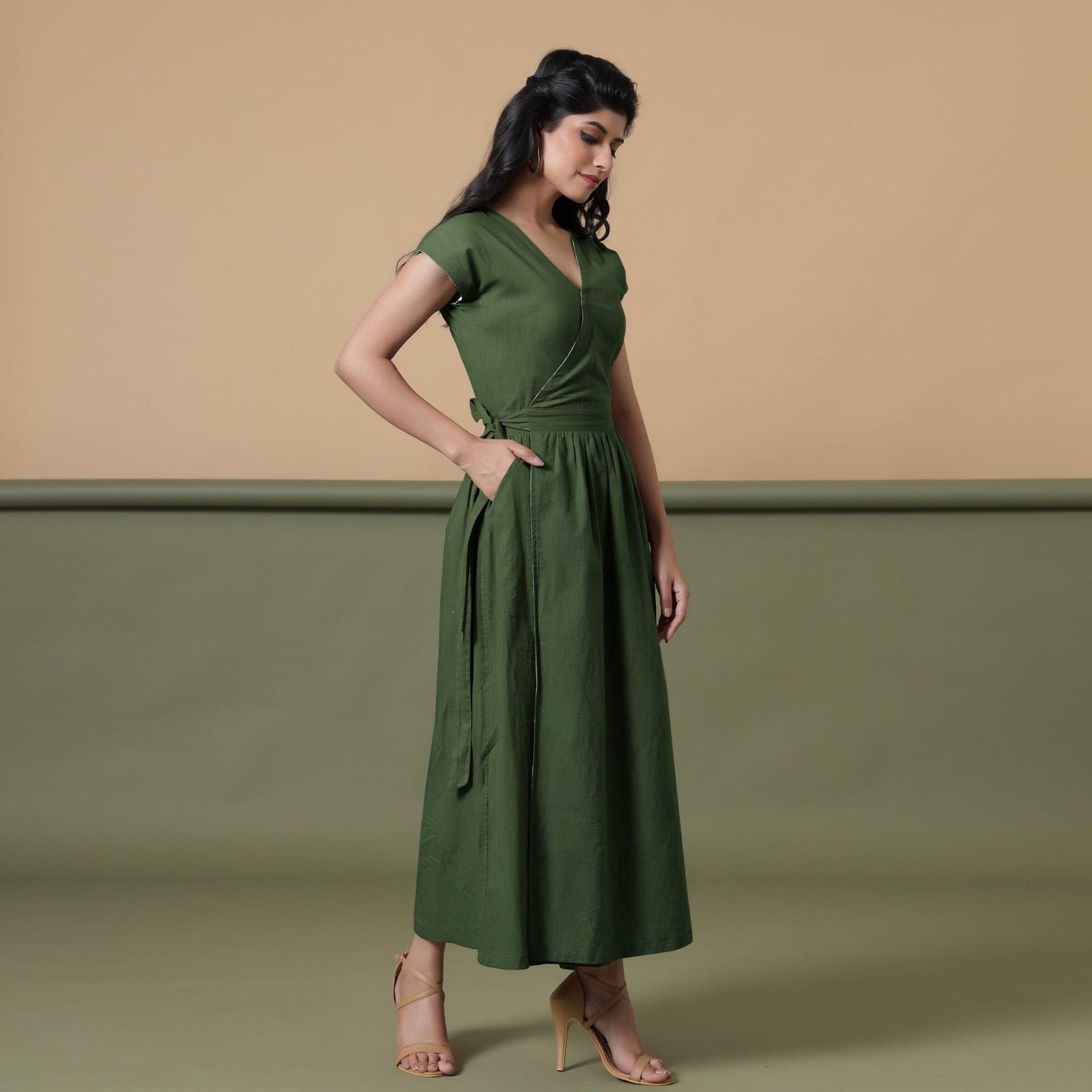 Forest Green Cotton V-Neck Maxi Wrap Dress 58" / Regular (5'2" - 5'6") Forest Green Cotton V-Neck Maxi Wrap Dress 58" / Regular (5'2" - 5'6")