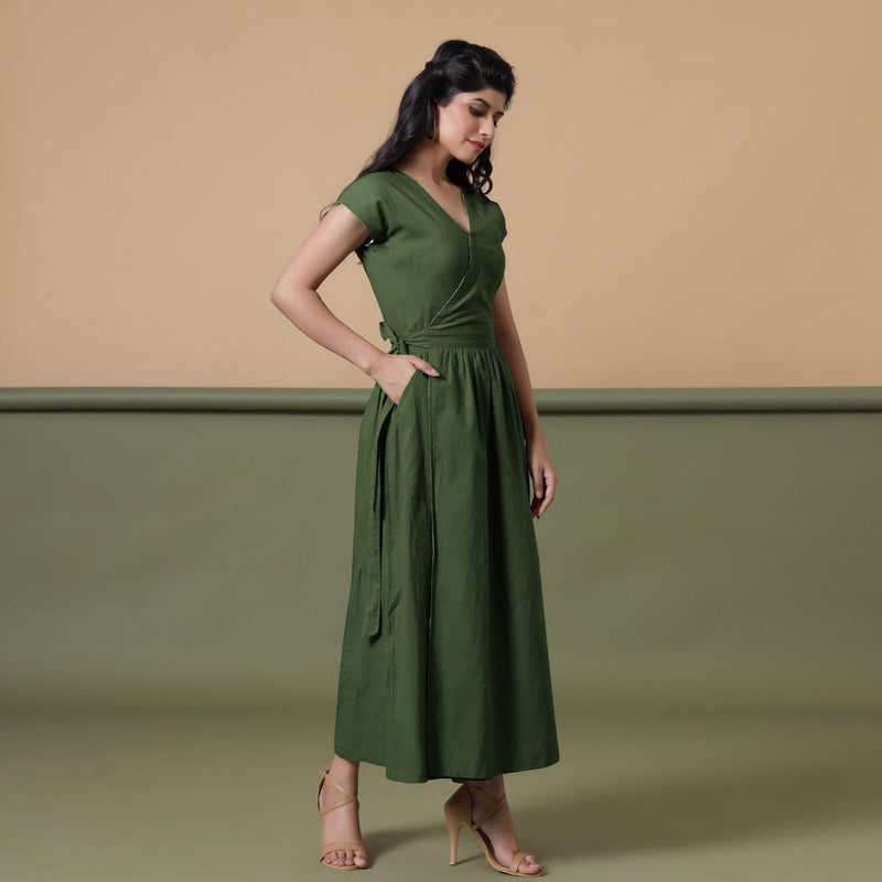 Forest Green Cotton V-Neck Maxi Wrap Dress 58