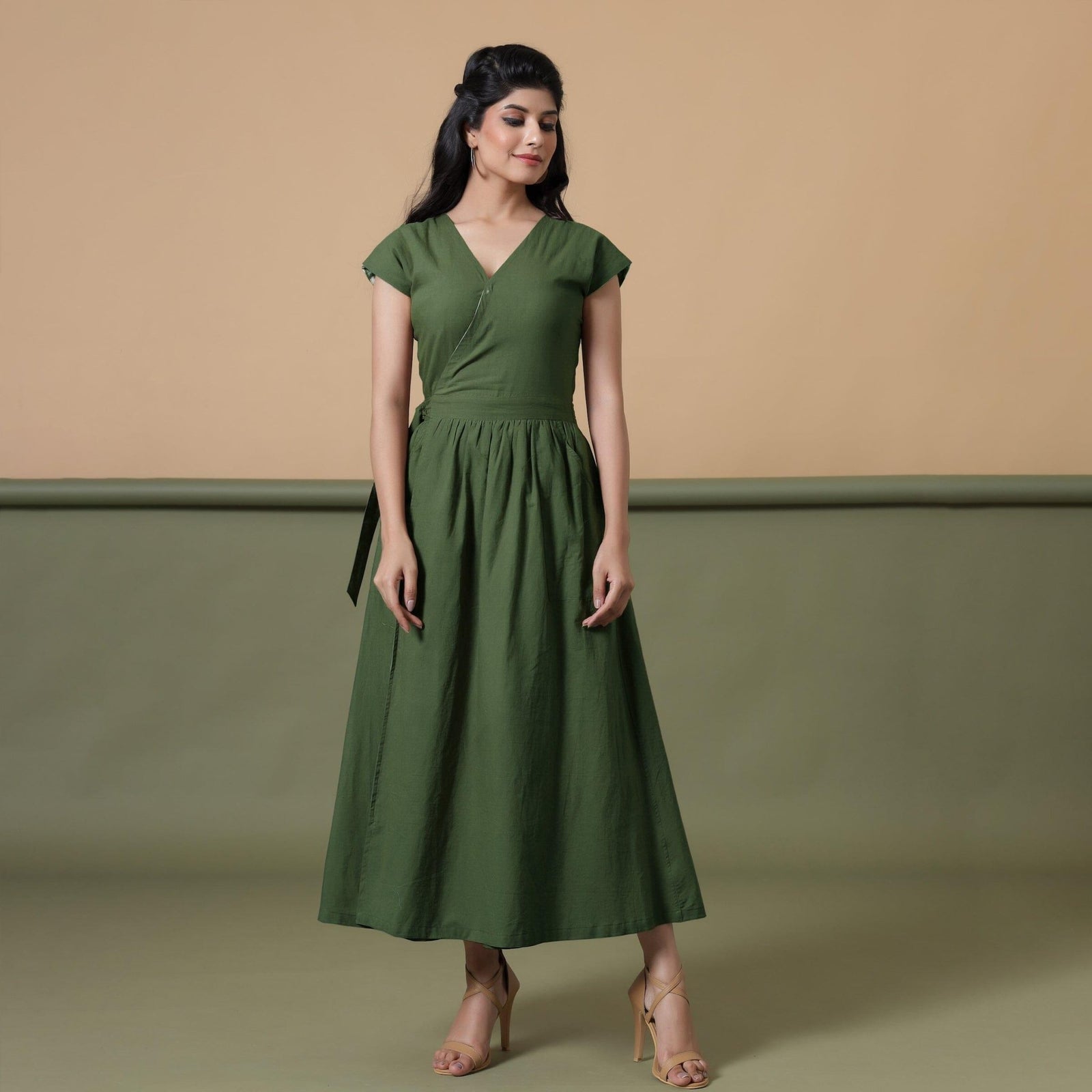 green v neck maxi dress Deep V-Neck Chiffon Maxi Dress in Olive Green (Green)