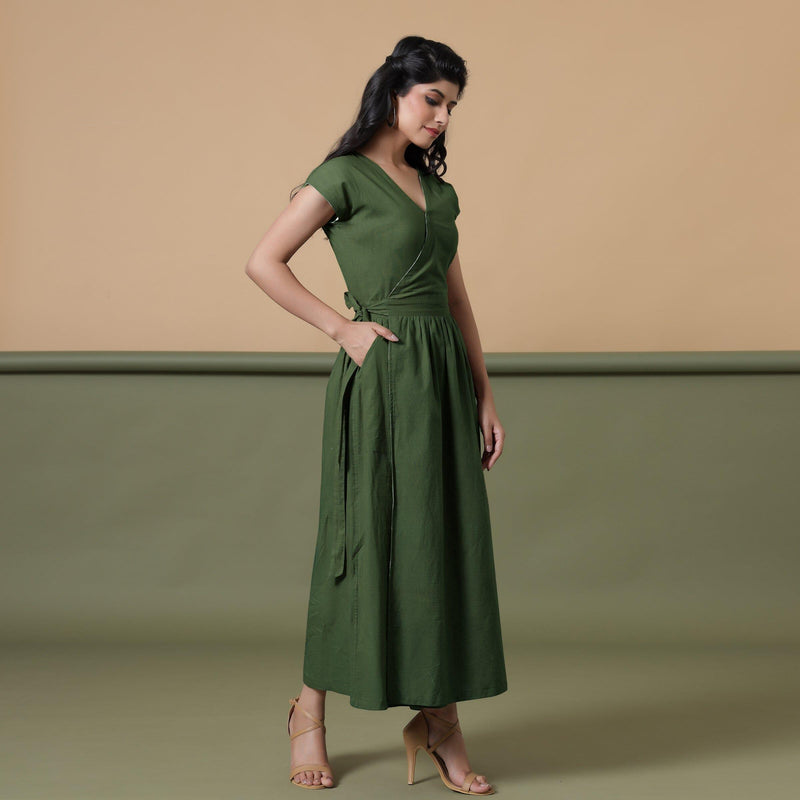 Forest Green Cotton V-Neck Maxi Wrap Dress