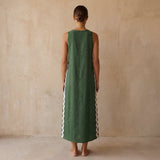 Forest Green Cotton Wavy Stripe Maxi Shift Dress