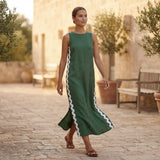 Forest Green Cotton Wavy Stripe Maxi Shift Dress