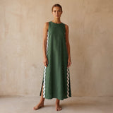 Forest Green Cotton Wavy Stripe Maxi Shift Dress