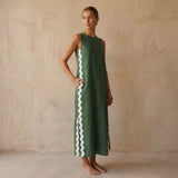 Forest Green Cotton Wavy Stripe Maxi Shift Dress
