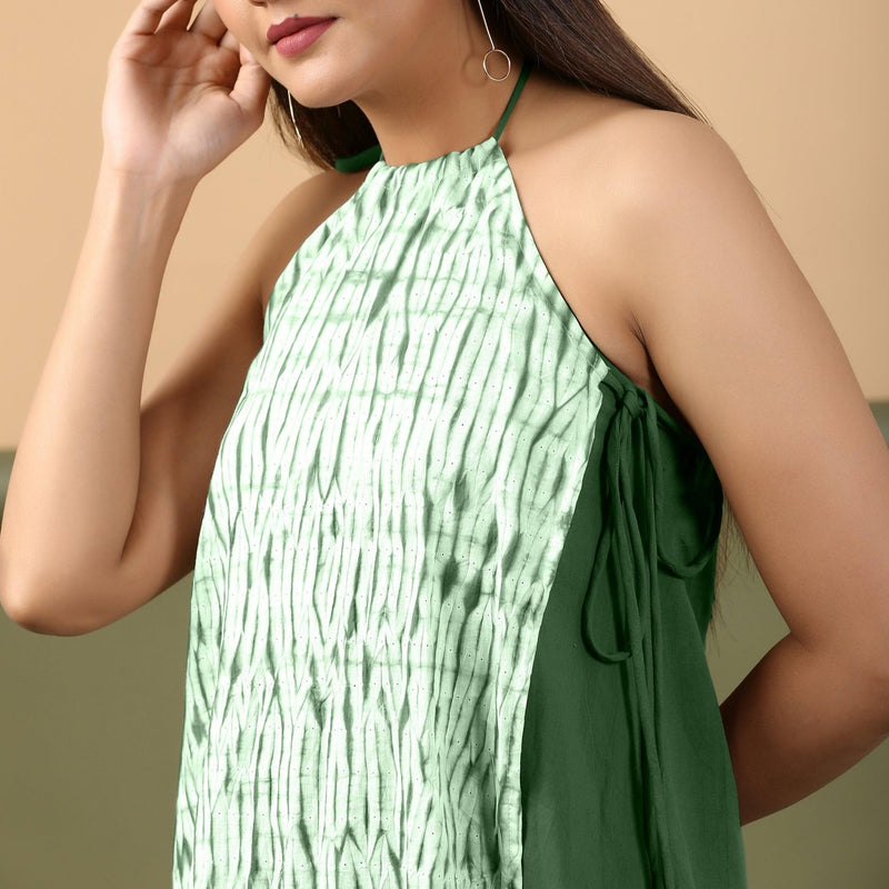 Front Detail of a Model wearing Dark Green Green Shibori Halter Neck A line Dress