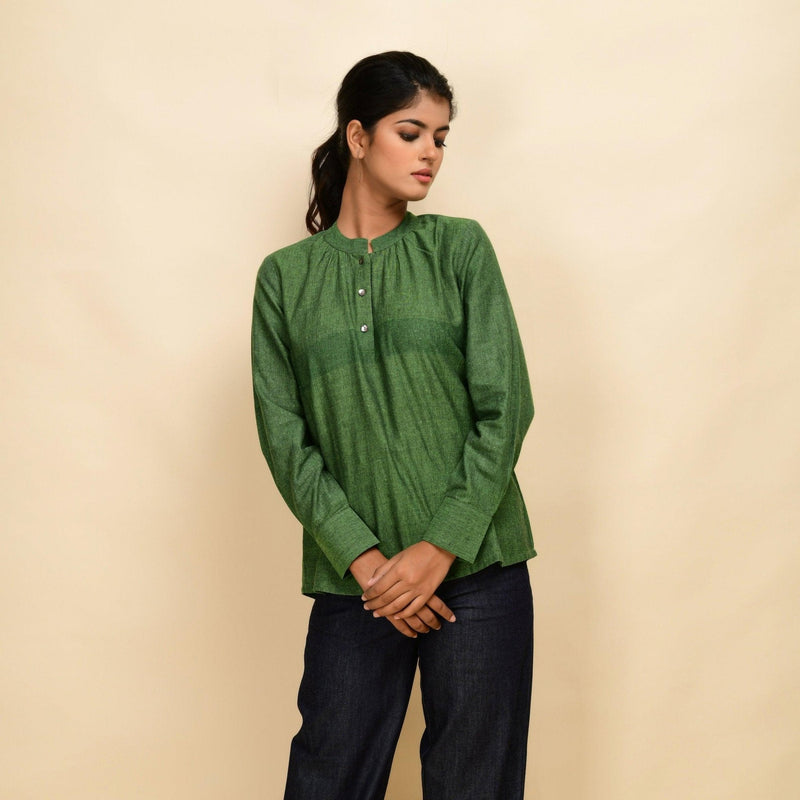 Front View of a Model wearing Forest Green 100% Cotton Khadi Yoked Top