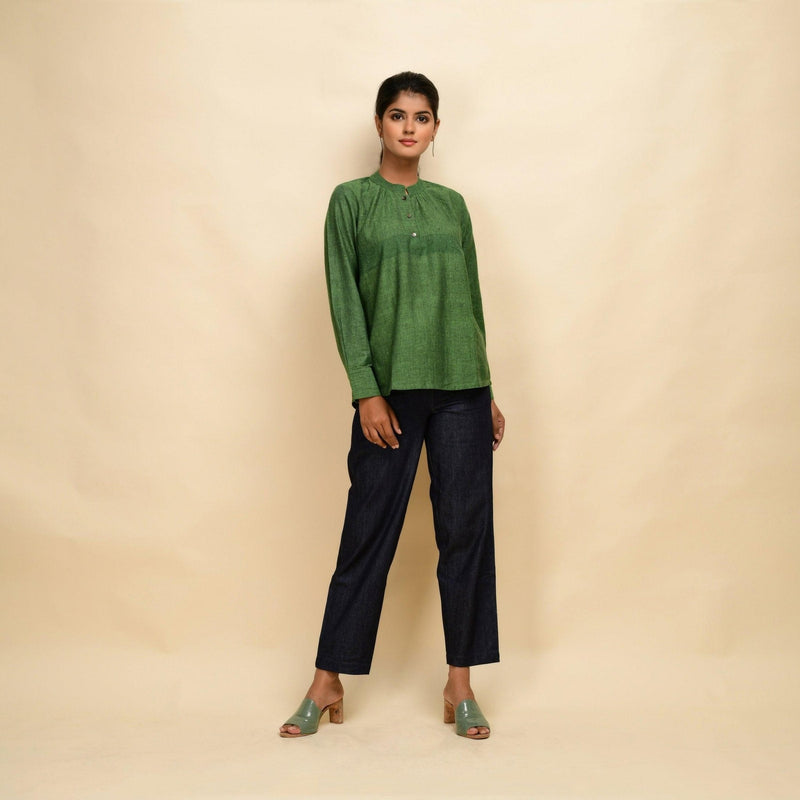 Front View of a Model wearing Forest Green 100% Cotton Khadi Yoked Top