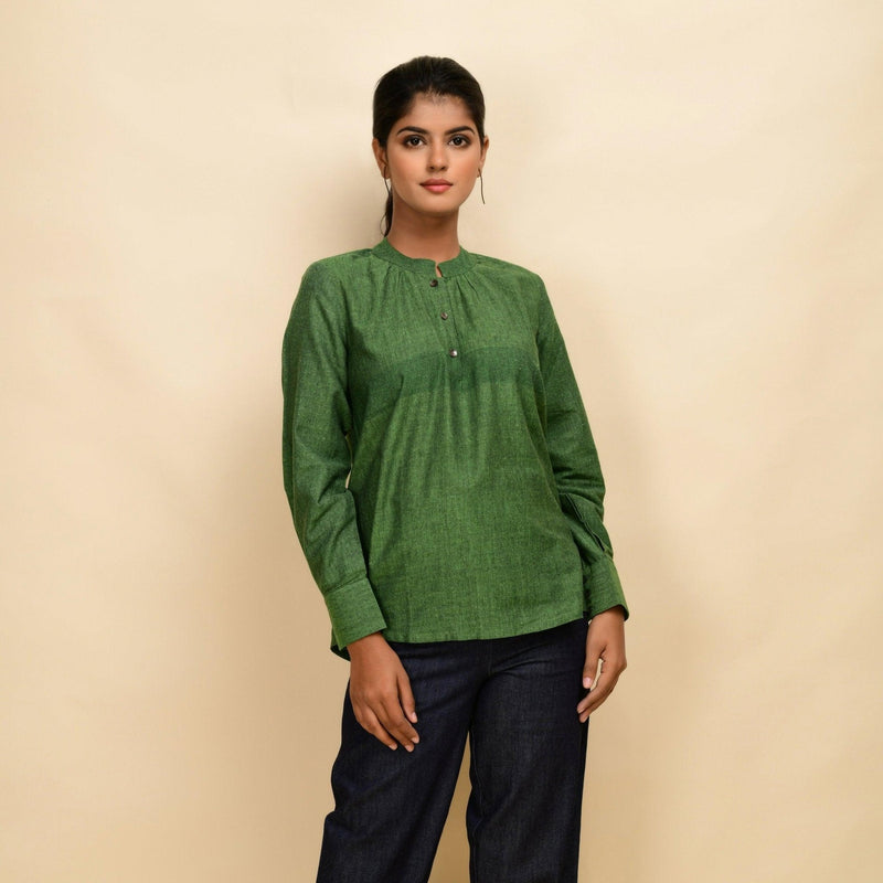 Front View of a Model wearing Forest Green 100% Cotton Khadi Yoked Top