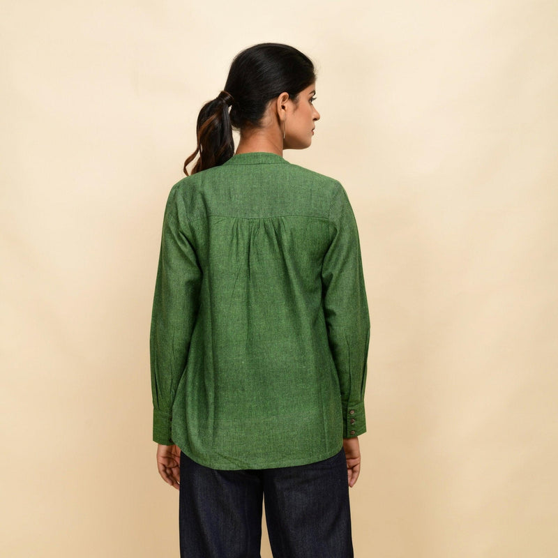 Back View of a Model wearing Forest Green 100% Cotton Khadi Yoked Top