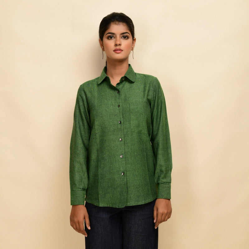 Front View of a Model wearing Forest Green Handspun Cotton Peter Pan Collar Shirt