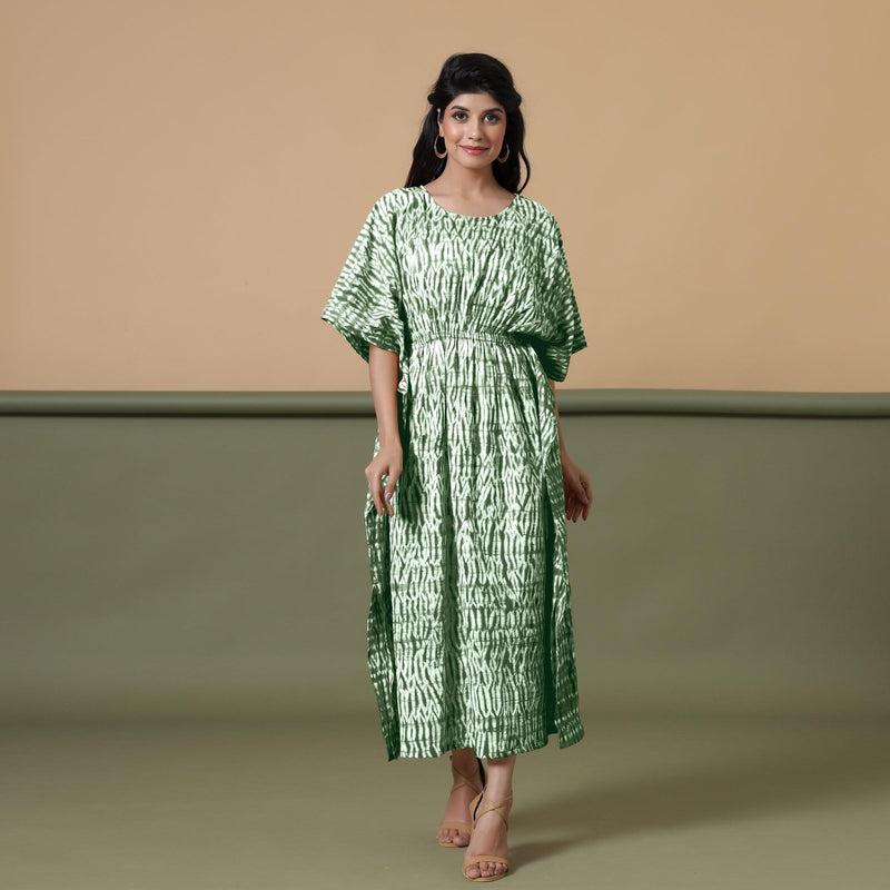 Front View of a Model wearing Dark Green Shibori Kaftan Dress